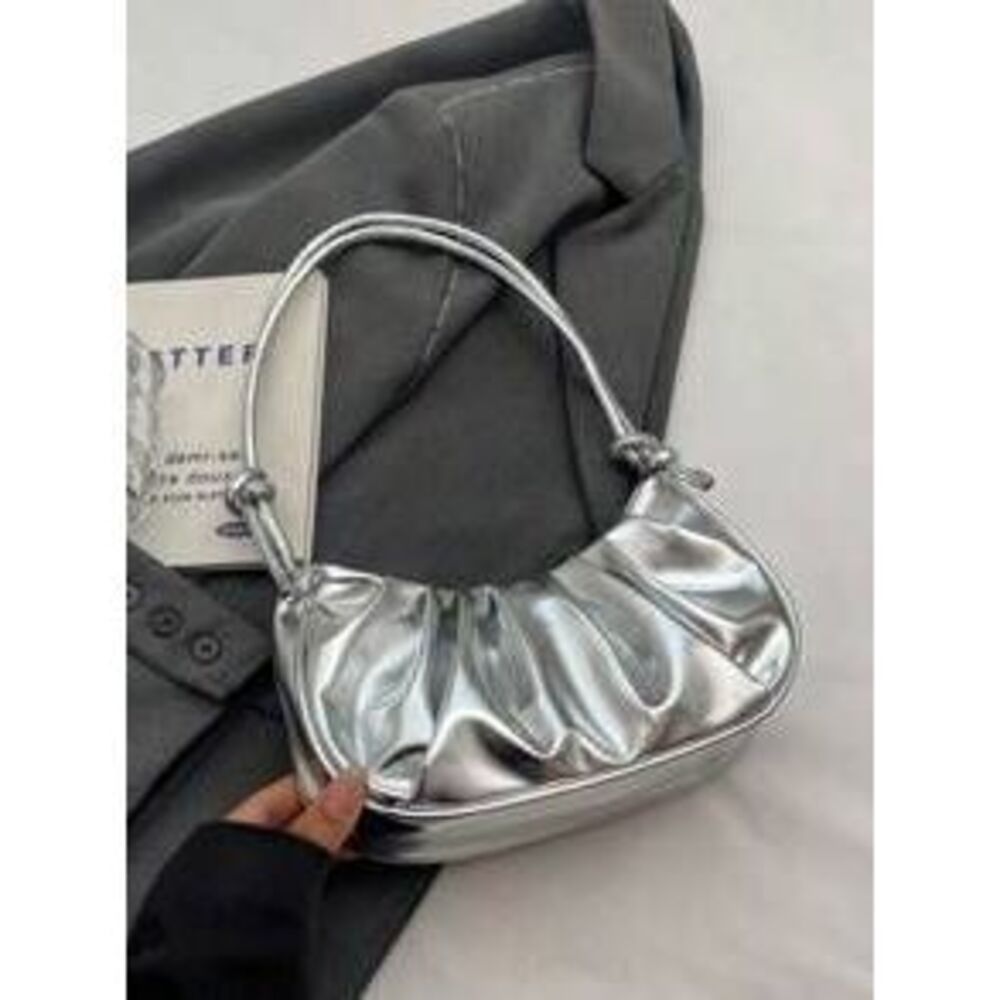 Solid Color Shiny Cloud Pleated Shoulder Bag, Fashionable Metallic Color Design…